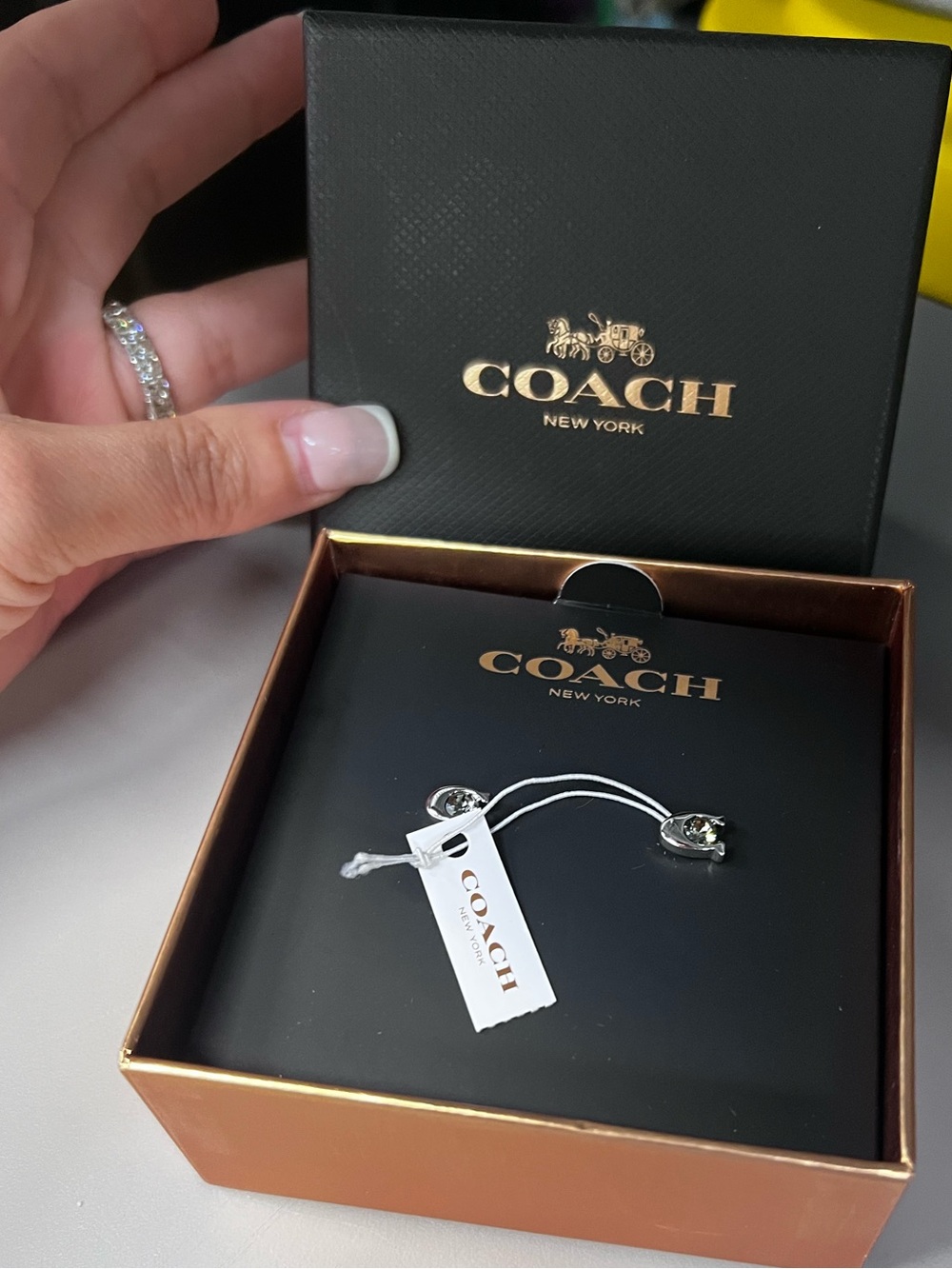 NWT Coach Signature C Crystal Stud Earrings Silver Black Box Included